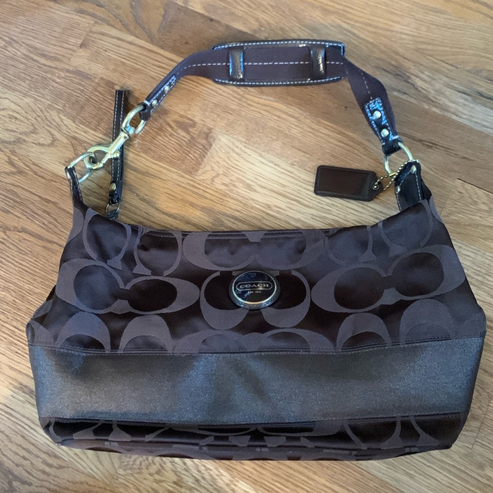 COACH F18039 Signature Brown Canvas Stripe Satchel Hobo